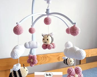 Bee Crib Mobile Crochet Pattern, Amigurumi Bee Crib Mobile PDF Tutorial, Amigurumi Bee, Flowers and Clouds, English & Portuguese