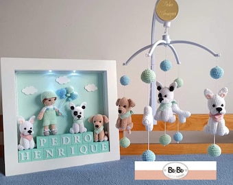 French Bulldog Crib Mobile Crochet Pattern, Amigurumi Puppy and Boy Crib Mobile PDF Tutorial, English & Portuguese