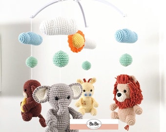 Safari Baby Mobile Crochet Pattern PDF – Nursery Crib Mobile – Amigurumi Animals – Lion Elephant Giraffe Monkey