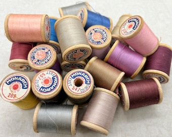 Vintage Wood Spools for Stitch Meditation, Set of 8 Mini's, 1.25" Tall, 1" Wide, Monarch Thread with Labels, Quilting, Sewing