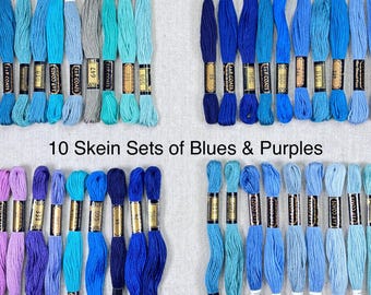 Embroidery Floss, Six Strand, DMC, JP Coats & Clark, 10 Skeins of Beautifully Curated Blue And Purple Colored Bundles. Hand Stitching