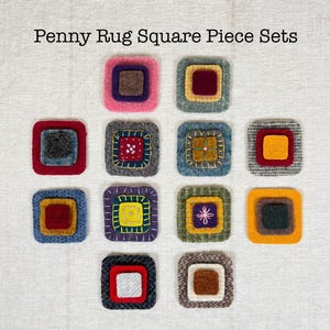 Penny Rug Pre-Cut pieces, Rounded Corner Squares, Pre-Washed 100% Recycled and New Felted Wool, 12 pc set (36pcs)