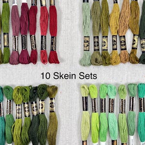 May include: Ten skeins of embroidery floss in various shades of green, red, and brown. The floss is arranged in rows and labeled with the text "10 Skein Sets".
