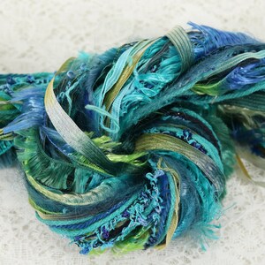 May include: A skein of colorful yarn with a mix of textures, including frayed edges and smooth ribbons. The yarn is in shades of blue, green, and gold.