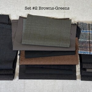 May include: A collection of fabric swatches in various shades of brown and green. The swatches include solid colors, plaids, and textured materials. The text "Set #2 Browns-Greens" is visible at the top of the image.