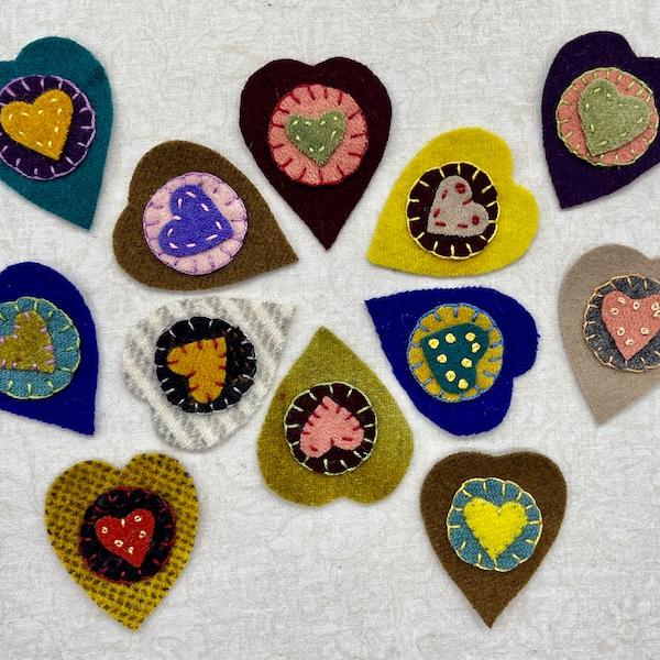 Penny Rug Supply, Handmade Heart Pennies, Ready to Use in Your Project, 100% Recycled Felted Wool, Embroidered, Primitive Craft Supply