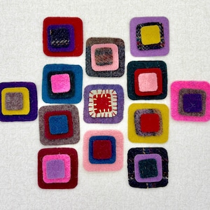 Penny Rug Pre-Cut pieces, Rounded Corner Squares, Pre-Washed 100% Recycled Felted Wool, One Dozen Set, 36 pcs, Primitive Craft Supply