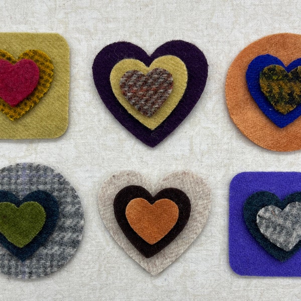 Penny Rug, Pre-Cut pieces, Hearts, Pre-Washed 100% Recycled Felted Wool, One Dozen Sets, Appliqué, Patchwork, Primitive Craft Supply