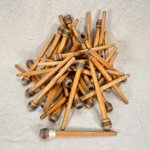 Wood Bobbins, Set of 3 Vintage Industrial Tread Spools/Spindles From Old Textile Factory.  Solid Wood  8-3/4&quot; Long Quill Bobbin
