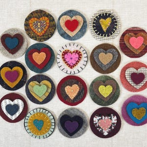 Heart Center in a Round Penny, Pre-Cut pieces, Pre-Washed Recycled Felted Wool, 12 in a Set, Appliqué, Patchwork, Primitive Craft Supply
