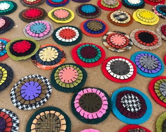 Penny Circles, Ready to Use in Your Project, Handmade 100% Recycled Felted Wool, Embroidered, Penny Rugs, Primitive Craft Supply