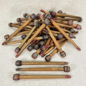 Wood Bobbins, Colorful Set of 3 Antique Industrial Thread Spools/Spindles From Old Textile Factory.  Solid Wood 10&quot; Long Quill Bobbin