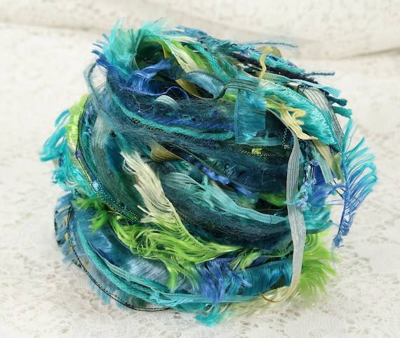Art Yarn, 20yds, 10 x 2yd, Luxury Yarns, Teal, Greens, Blues, Novelty Yarn, MixedMedia, Card Making, Weaving, Ribbon, Scrapbooking #141