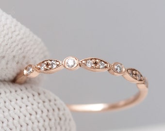 14K Gold Diamond Wedding Band: Art Deco Marquise Stacking Ring