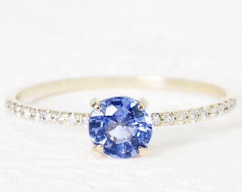 Blue Sapphire Engagement Ring Cornflower Natural Sapphire Milgrain Pave Rose Gold Fairytale bridal Inspired Moissanite Half Eternity Ring