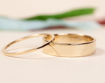 Couple 14K Solid yellow gold simple his and hers wedding Promise rings / Matching Gold Ring Set For Couple / Handmade Braided wedding Rings