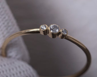 14K Gold Diamond Wedding Band: Three Stone Thin Ring