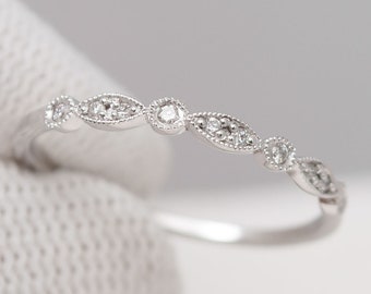 Art Deco Wedding Bands women | Thin Wedding Band | 14K White Gold Delicate Ring, Thin Art Deco Ring | Stackable Ring | Mother's Day gifts
