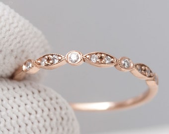 Art Deco Diamond Ring: 14K Rose Gold Stacking Wedding Band