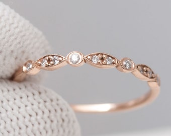 Art Deco Stacking Ring | Rose Gold Ring | Stacking Wedding Band | Diamond Gold Wedding Ring | Milgrain Diamond Ring /  Mother's Day sale