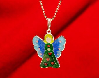 Sterlingzilveren engelhangerketting: hete emaille Guardian-sieraden