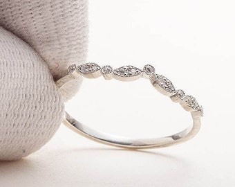 Art Deco V Stacking Ring | Moissanite Stacking Ring | Handmade Gold Wedding Band | Wedding Stackable Ring | Milgrain Moissanite Small Ring