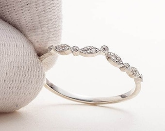 Art Deco Moissanite V Ring: 14K Gold Milgrain Stacking Band
