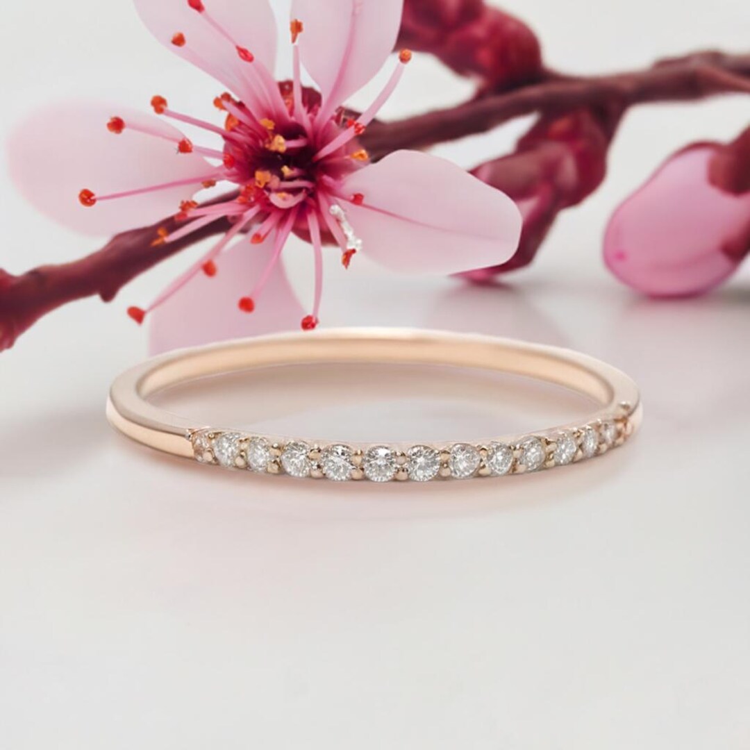 14K Gold Pave Diamond Band: Thin Stackable Wedding Ring - Etsy