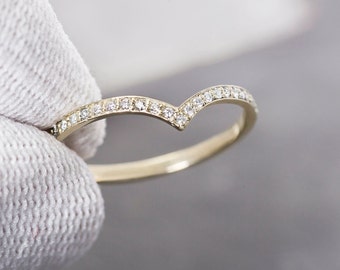 Dainty diamond Chevron 14K Gold Ring V shape with natural Diamonds Everyday Stacking real diamond Wedding Band Dainty Gift for Mother's Day