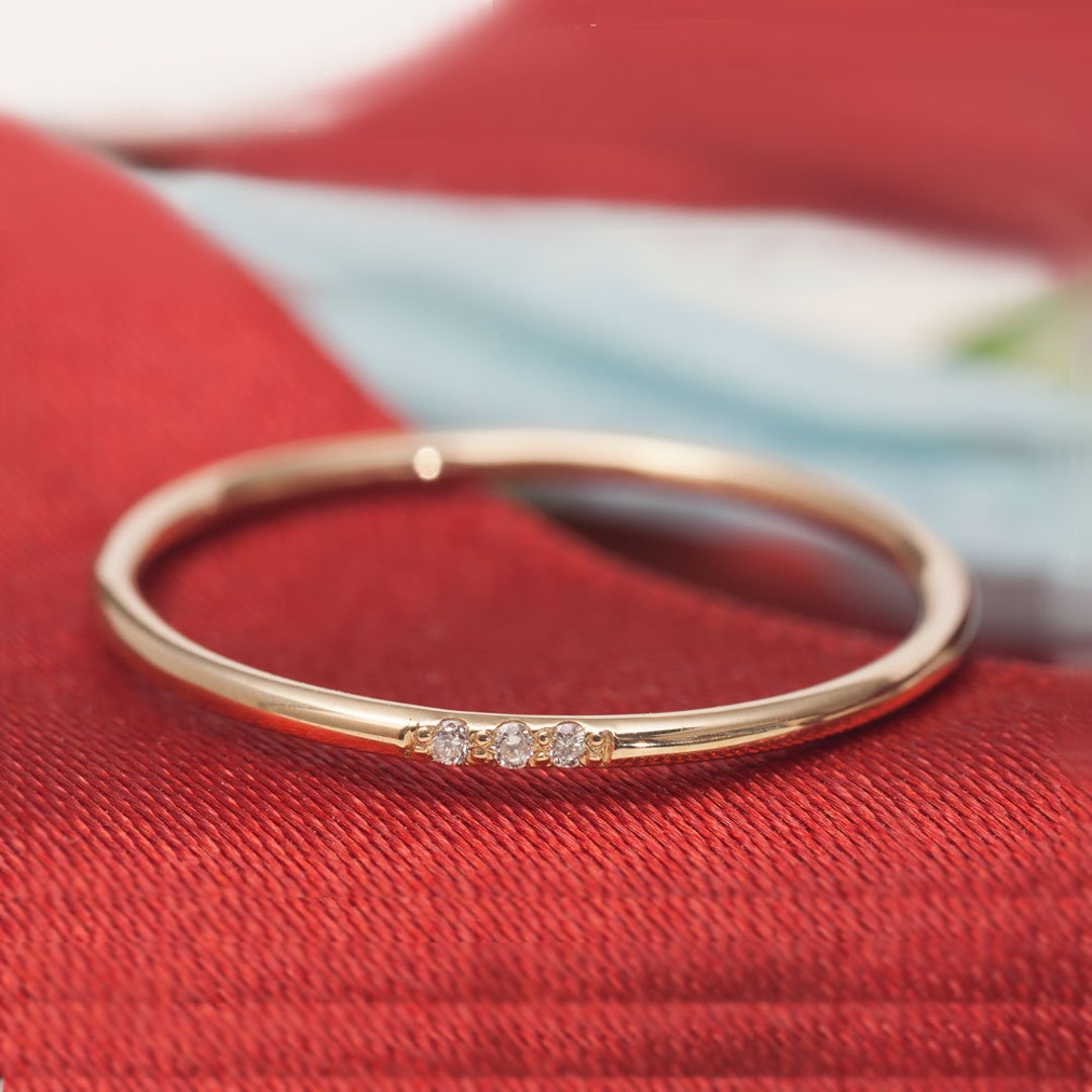 Three Stone Wedding Band Thin Gold Ring Diamond Ring Thin Diamond Ring