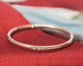 14K Gold Three Stone Diamond Wedding Band: Thin Delicate Ring