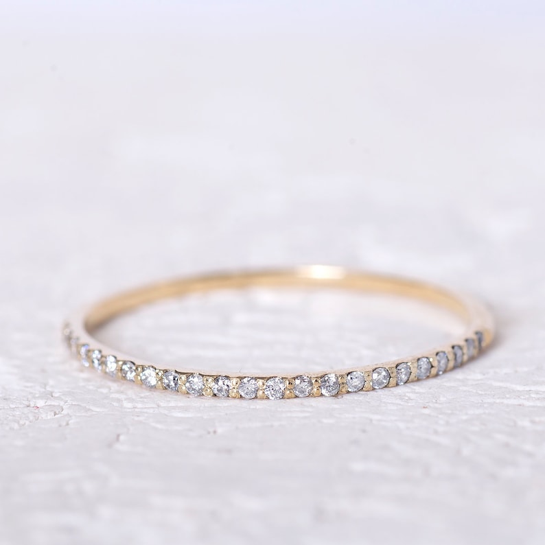Round Brilliant Pave Diamond Ring / Thin Band 14K Gold Pave Etsy