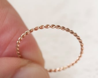 14k Solid Gold Twisted Stacking Ring - Ultra Thin Minimalist Band
