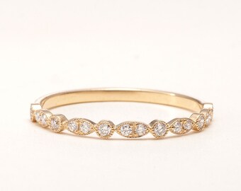 Art Deco 14k Gold Diamond Stacking Ring: Milgrain Wedding Band