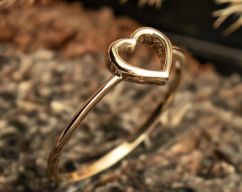 Open Heart Ring in 14K Solid Gold or Sterling Silver, Dainty Heart Promise Ring for Her, Stackable Band
