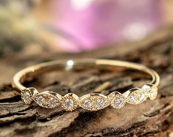 Wedding Band Women Art Deco Moissanite, Stacking Ring Lab Diamond Promise Milgrain ring, Natural Diamonds 14K gold Stacking matching band