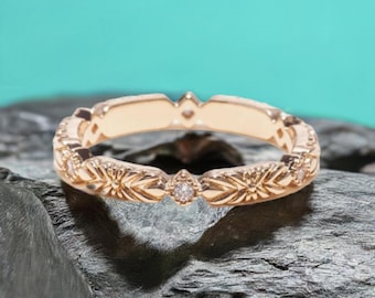 Vintage 14K Gold Hawaiian Filigree Ring: Natural Diamond Floral Wedding Band