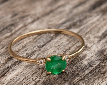 Emerald Engagement Ring: 14K Gold Diamond Accent, Handmade