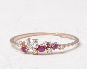 Delicate Diamond Ring | Ruby Cluster Ring  / Ring in 14k Gold Diamond Cluster Wedding Band | Unique Ruby Diamond Stackable Ring / Cluster