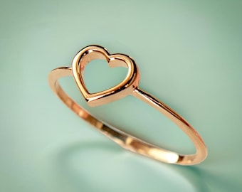14K Gold Open Heart Ring – Minimalist Promise Ring, Dainty Stackable Band, Solid Gold Love Jewelry for Women, Mothers Day Gift for Mom