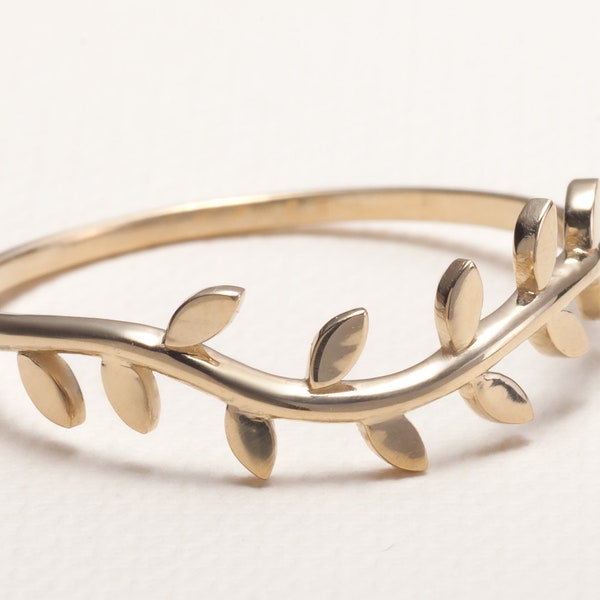 14K Solid Gold Olive Leaf Ring: Botanical Stacking Band