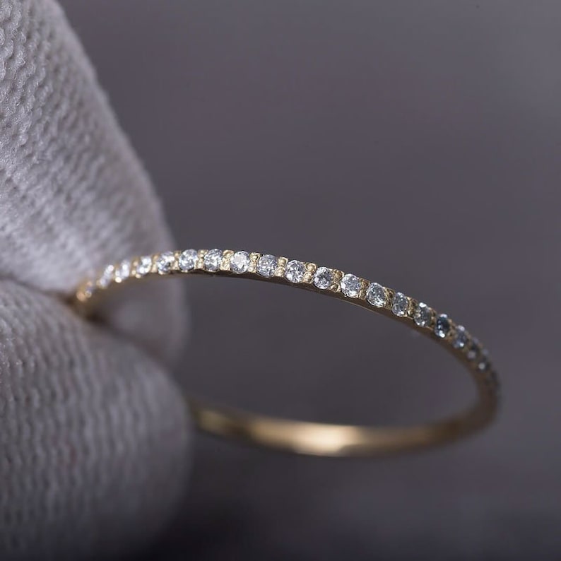 Round Brilliant Pave Diamond Ring / Thin Band 14K Gold Pave Etsy