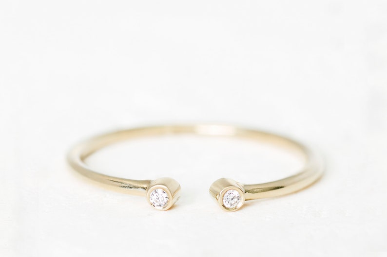 Daily Gold Ring Open Diamond Ring Delicate Diamond Stack Ring Two Diamond Gold Ring Real Diamond Open Gold Ring Mother/'s Day Sale