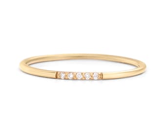 Thin 14K Gold Moissanite Wedding Band: Dainty Five Stone Ring