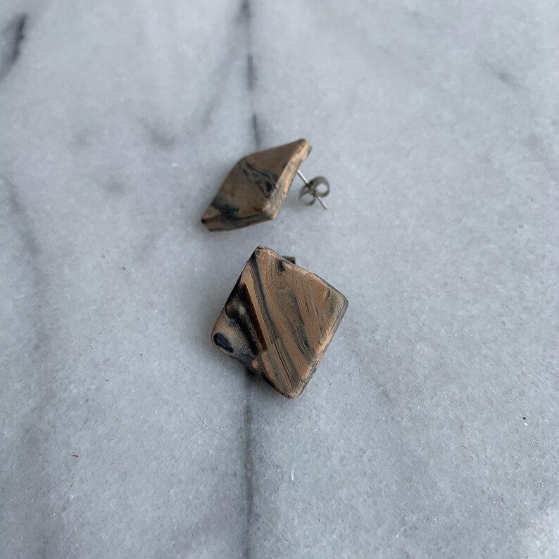 Handmade Tan /& Black Marbled Clay Stud Earrings