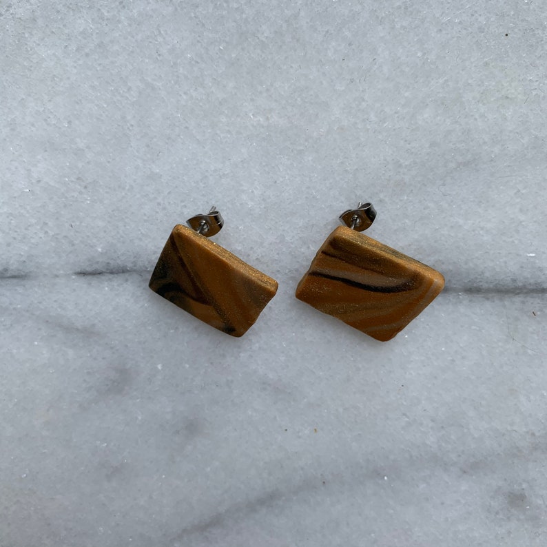 Black /& White Marbled Clay Stud Earrings Handmade Tan