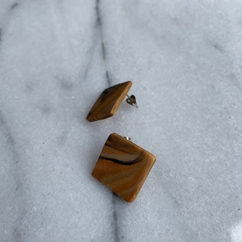 Black /& White Marbled Clay Stud Earrings Handmade Tan