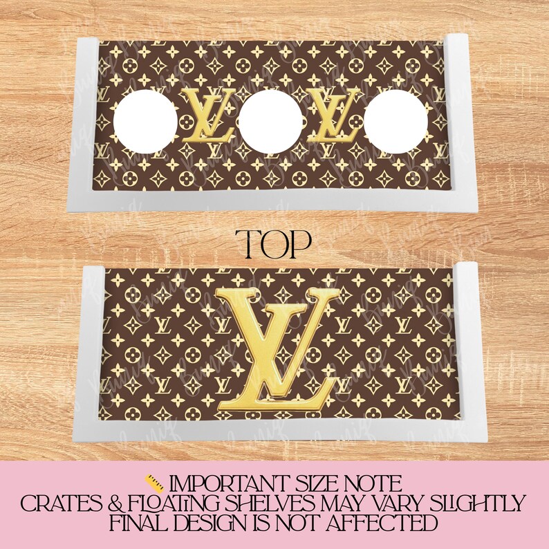May include: Two rectangular shelves with a brown and tan pattern and gold accents. The top shelf has three circular cutouts. The bottom shelf features a large gold "V" logo. The word "TOP" is printed on the image.