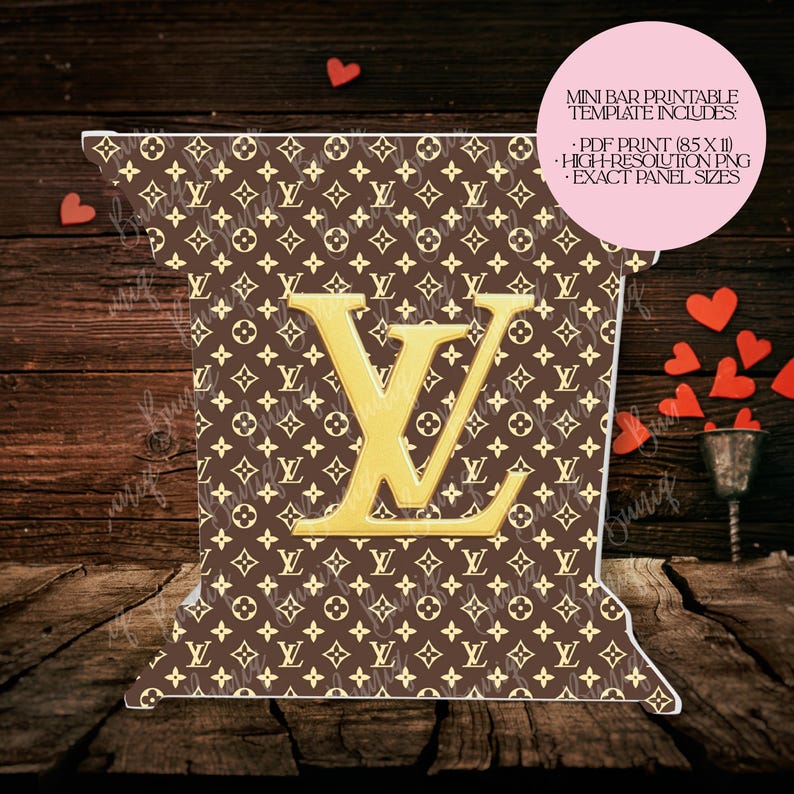 May include: A brown and gold printable mini bar template with a repeating pattern and a large gold logo. The template includes PDF and PNG files with exact panel sizes. The text on the image says "MINI BAR PRINTABLE TEMPLATE INCLUDES: PDF PRINT (8.5 X 11) HIGH-RESOLUTION PNG EXACT PANEL SIZES."