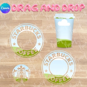 May include: A collection of Starbucks-themed digital graphics. Includes a coffee cup with a cloud design, Starbucks logo circles, and the text "DRAG AND DROP" in pink bubble letters. The graphics are set against a wood grain background.